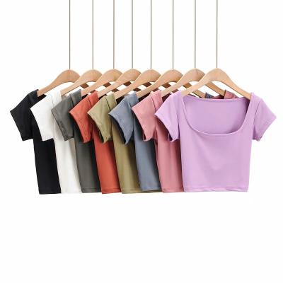 China custom plain square short sleeve crop top gym wear street sport gym wear women fitness top t-shirt Anti-wrinkle neck collar tee woman for sale