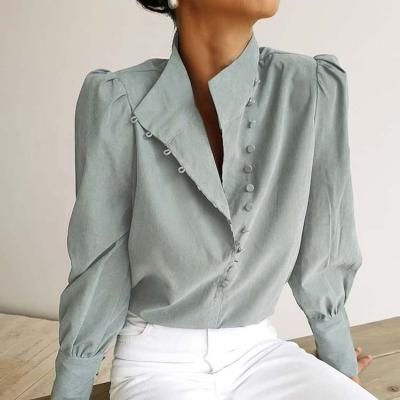 China Instock OL Blusa White Breathable Elegant Office Clothing Button Up Stand Collar Puff Long Sleeve Shirts And Blouse For Women Blouse for sale