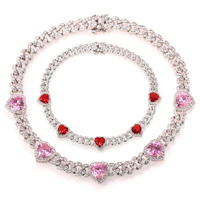 China Hiphop Mother's Day Gift Women 9mm Color Heart Iced Out Bling Diamond Tennis Cuban Link Choker Chain Necklace for sale