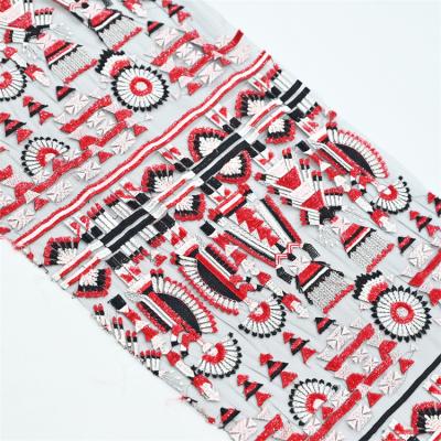 China New Soft Traditional Tribe Design Colorful Embroidery Applique Lace Fabric With Sequins For Fashion Dress for sale