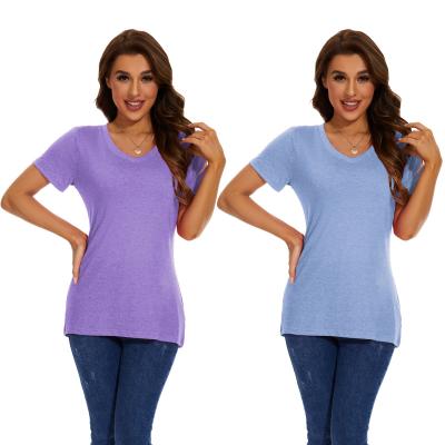 China Anti-wrinkle Women's Comfortable T-shirt Plain Fashion Leisure Holiday Top Customized Graphic Printing Label Short Sleeve V-Neck Shirt for sale