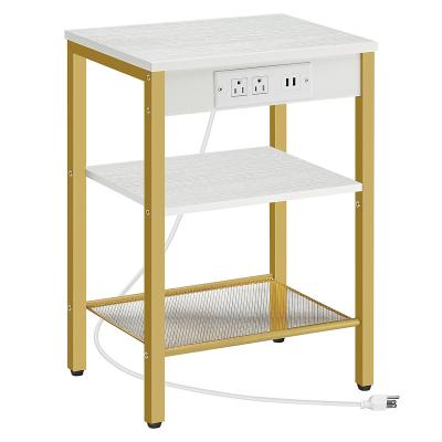 China Eco-friendly Material White and gold wooden 3-Tier Bed side table for living room,bedroom with Charging Station and USB Ports, Adjustable Shelves, for sale