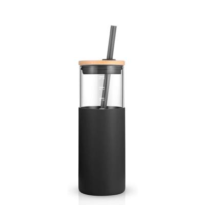 China 16oz Glass Tumbler Water Bottle Sustainable Eco Friendly Straw Silicone Protective Sleeve Boron Silicate With Real Wood Rub-Fit Lid for sale