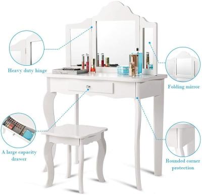 China (Other)Adjustable Wooden Vanity Table Stool Set Princess Makeup Dressing Table With Two Mirror 180 Fold for sale