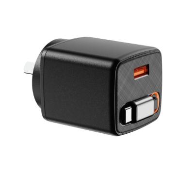 China OEM Support Customized 30W GaN Fast Charger With Retractable USB-C Cable Full Voltage 220V-240V Black for sale