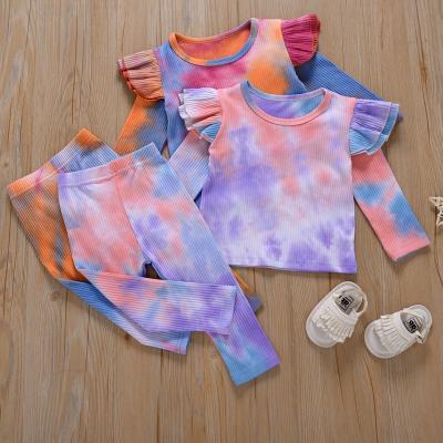 China Western Style Comfy Cotton Tied Color Long Sleeve Pants Two Piece Set Little Girl Leisure Wear for sale