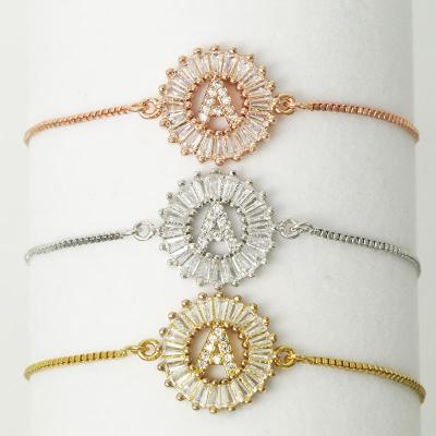 China Vintage 26 English Alphabet Bangle Round Shape Adjustable Bangle Micro Inlay Zircon Jewelry Ladies Fashion Bracelet for sale