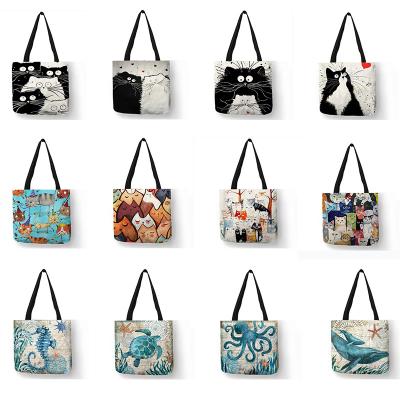 China Universal Custom Wholesale Abstract Painting Tote Fabric Shopping Bags Hemp Reusable Shopping Grocery Bag for sale
