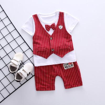 China New 2018 Eco-Friendly Summer Kids Clothes Boys Invest Design Lattice Set Bowknot Appliqued Little Boy Clothing Sets for sale
