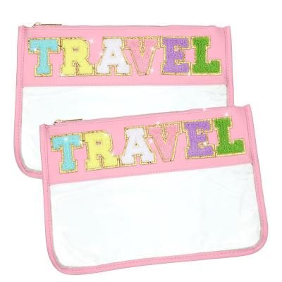 China PVC Embroidery Makeup Bag Durable Large Capacity Transparent Portable Travel Waterproof Wash Bag Storage Bag for sale