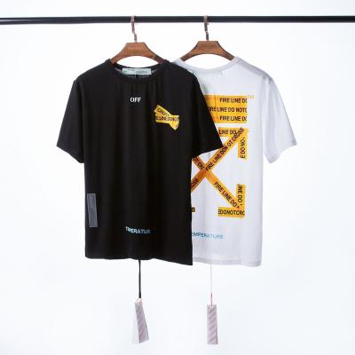 China HIGH STREET fashion trend brand OFF yellow warning line arrow round neck pullover short sleeve tees for men and women T-shirt for sale