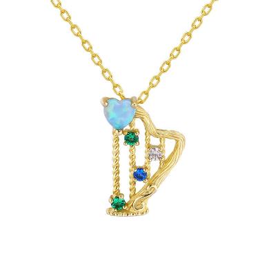 China 2020 Environmentally Friendly European and American Fashionable 9K Gold People Musical Instrument Artificial Blue Opal Harp Pendant Necklace Clavicle for sale