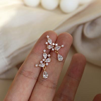 China TRENDY 14K Gold Plated Korean Minimalist Jewelry Classic Small Leaf Flower Bead Drop Zircon 925 Sterling Silver Stud Earrings Women for sale