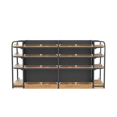 China HT Powder Double Sided Coating Supermarket Shelving Gondola Customized Display Racks Supermarket Wood Grain Shelves for sale