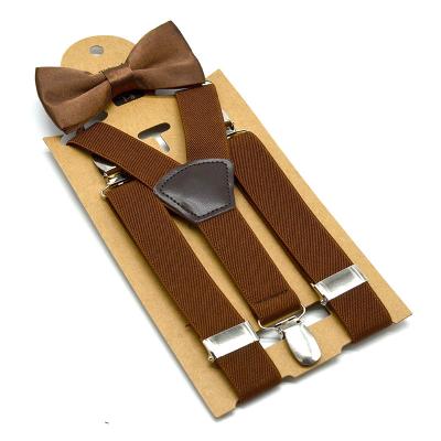 China Polyester Brace Brown Suspenders Bow tie Set for Kids Elasticity Y Shape Polyester Material Butteefly Suspenders Set Suit for 1-8 Years for sale