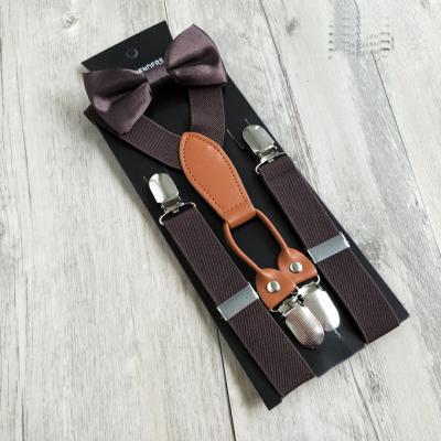 China Personalized design Brown color fashion Suspenders kids beer bottle design with mating pure silk bow ties set 4 sizes to fit all ages for sale