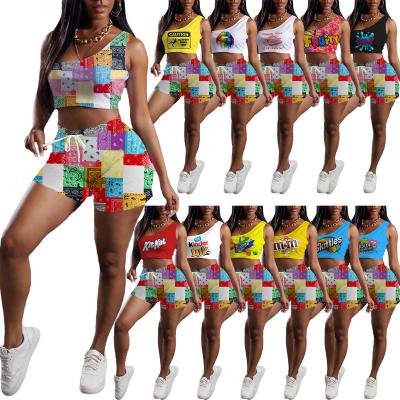 China 2022 Fashion QUICK DRY Two Piece Set Biker Shorts Set With Pattern Women Summer Two Piece Pants Set Beach Shorts One Shoulder Vest Shorts for sale