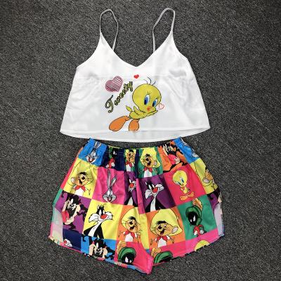China 2021 Summer QUICK DRY Nightgown Camisole Crop Fails Satin Sleepwear Superior Women 2 Piece Cartoon Pajamas for sale