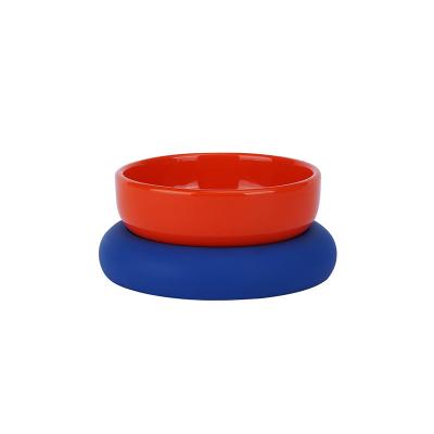 China 2021 Cats Deluxe Pet Feeder Bowls White Blue Ceramic Double Cat Bowl Supplies for sale