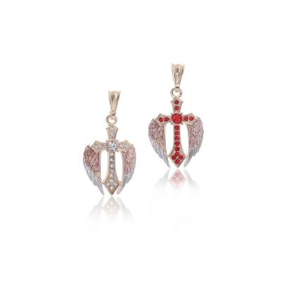 China 2022 New Fashion Environmental Friendly Simple White Red Pendants 14K Angel Wing Cross Stone Gold Plated Zircon Pendant for sale