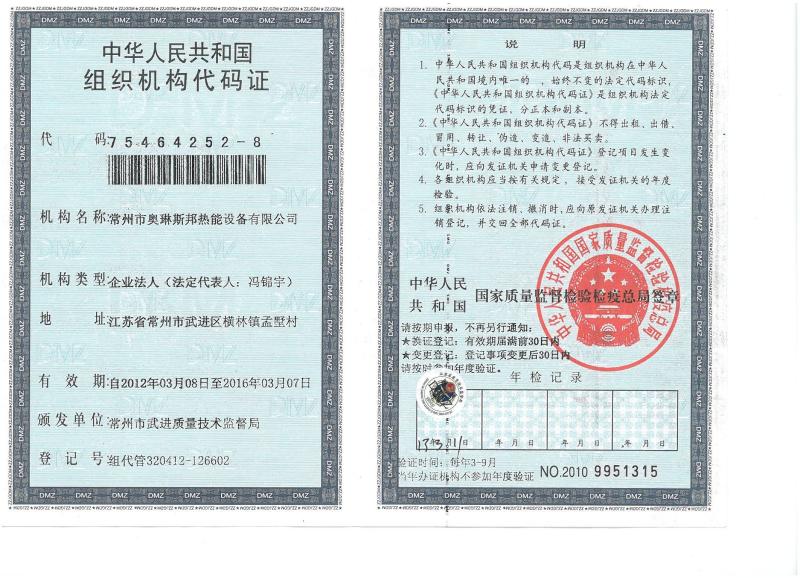 Organization Code Certificate - Jiangsu Olymspan Equipment Eechnology Co.,Ltd