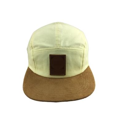 China Embroidery Logo Five Panel Camp Cap With Flat Suede Visor Buckle Closure for sale