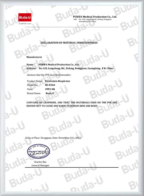 Declaration Of Material Innocuousness, FFP2, FFP3 Protective Face Mask - PURIFA Medical Production Co.,Ltd