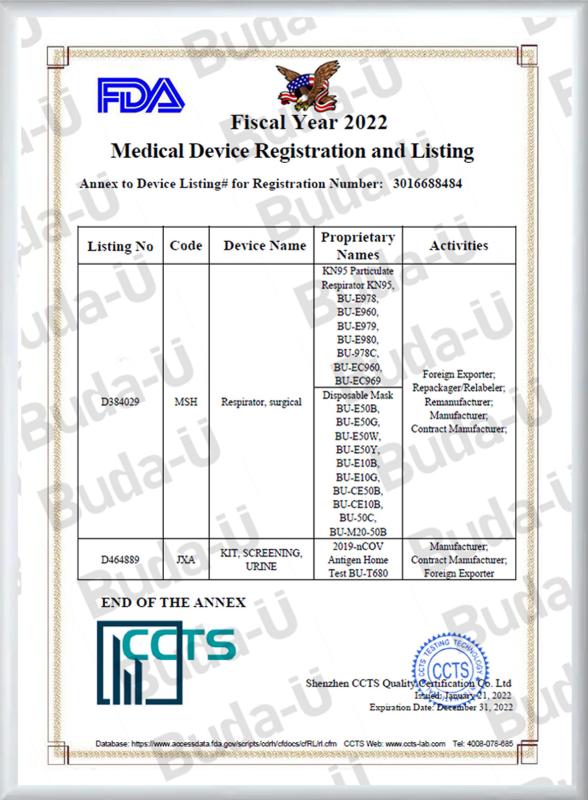FDA Device Listed and Registration - 2 of 2, KN95 Face Mask, Disposable Face Mask, Medical Face Mask , Surgical Face Mask - PURIFA Medical Production Co.,Ltd