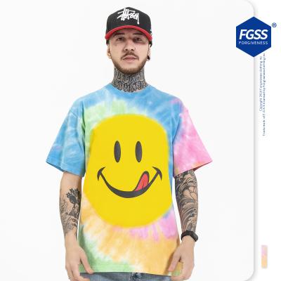 China Sustainable Hot Sales 2021 New Styles Fashion Brand Smiley Printed 210GSM Cotton Ins loose tie dye short sleeve t-shirt for men for sale