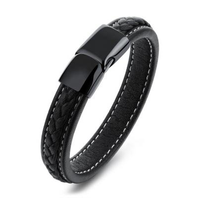 China Wholesale Fashion Trendy Bestseller Jewelry Bracelet Plain Whip Leather Men's Bracelet Gift Stainless Steel for sale