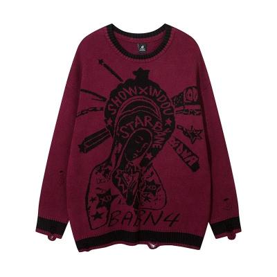 China Breathable Customize Autumn Women Oversize Casual Wear Fashion Knitted Jacquard Sweater Top Loose Distressed Design Sweatshirts For Lady for sale