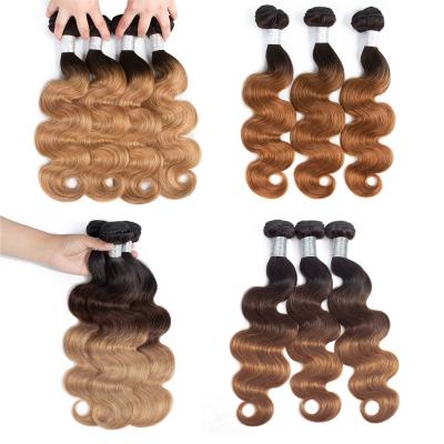 China Remy Human Hair Brazilian Body 100% Wave Hair Weave Bundles 1B/27/30 Ombre Hair Color Hair Bundles With Closure 10-26 Inch for sale