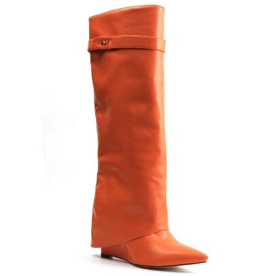 China New Arrivals Led Sexy High Light 2021 Tan Leather Ladies Boots Knee Toe Wedge Heels Woman Boots Breathable Fashion Hotest for sale