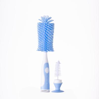 China Hot Sale BPA Free Factory Wholesale 360 Degree Rotate Handle Food Grade Silicone Plastic Soft Stiffeners Baby Nipple Bottle Brush 2 in 1 for sale