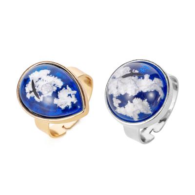 China White Clouds Ring Jewelry Set New Trendy Handmade Round Sky Ball Resin Transparent Women Rings Blue for sale