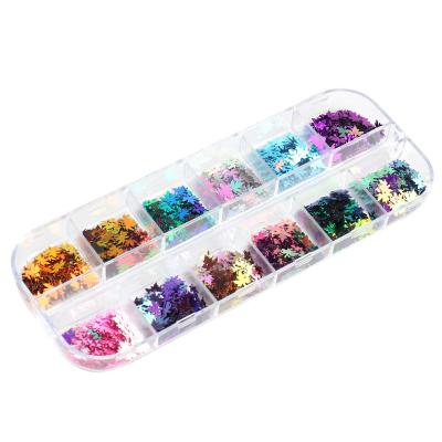 China Fashionable 3D 12 Grids Autumn Maple Leaf Laser Holographic Glitter Sequins Nail Art Stickers Decoration for sale