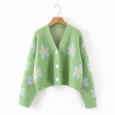 China 2020 New Sun Flower Breathable Jacquard Custom Long Sleeve Short Knitted Cardigan Sweater For Women In High Quality for sale