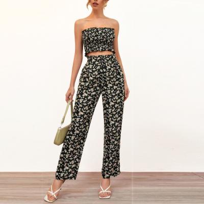 China QUICK DRY custom made spring and summer floral print chiffon tube tops and pants two pieces outfits for women for sale