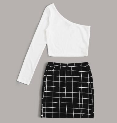 China 2020 Breathable Cute One Shoulder Rib-knit Split Crop Tee And Grid Mini Skirt Set Two Pieces Equipments Women Exercises for sale