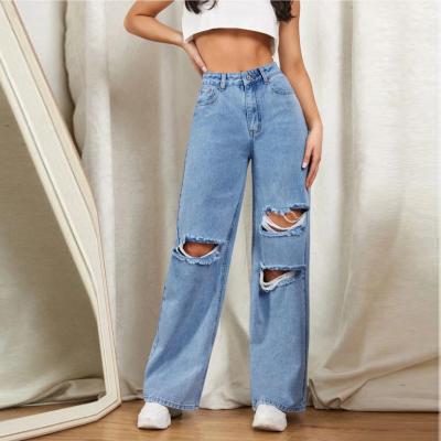 China Viable Wholesale Premium Fashion Clothing Women Denim Pants Custom Quality Zipper Fly Ripped Retail Wide Leg Loose Jeans for sale