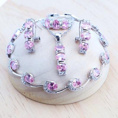 China CLASSIC Pink Cubic Zircon 925 Silver Jewelry Sets Bridal Wedding Stones Earrings For Women Bracelets Set Rings Pendant Necklace for sale