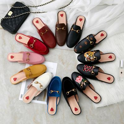China Fashion Trend Low Heel Genuine Leather Slippers Women Replacement Metal Chain Embroidery Decoration Gold Custom Velvet Closed Toe Shoes for sale