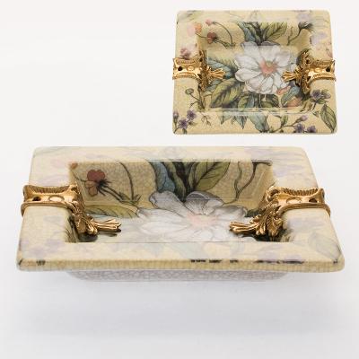 China Morden luxury rectangle shape traditional porcelain ashtray gold flower cigar ashtray design for smoking accessories for sale