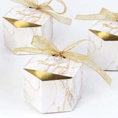 China 50pcs Fun Marble Wedding Party Favor Boxes Gold Wedding Candy Boxes Hexagon Bags Chocolate Treat Gift Boxes With Ribbons for sale