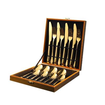 China High Quality Viable Stainless Steel 16pcs Gold Flatware Set Gift Box Silverware Gold Handle Box Spoons And Forks Cutlery Set With Case for sale