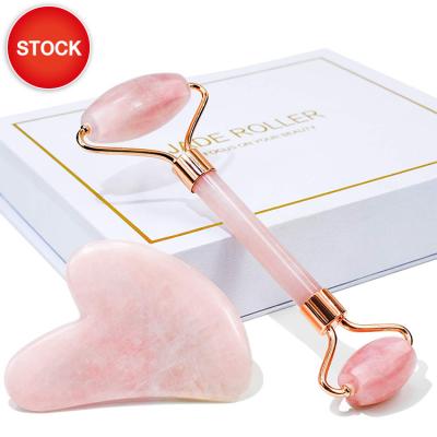 China Wholesale Stone And Massage Function Private Label Jade Roller Rose Quartz Facial Jade Roller Gua Sha Set Massage With Logo For Face for sale