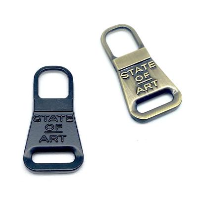China Wholesale Nickel Free Metal Brand Zipper Pull Charms Custom Logo Bag Metal Zipper Slider Puller With Letter Logo For Clothing And Bags for sale