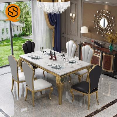 Chine La table de salle à manger supérieure de marbre extérieure solide a placé le rectangle de 6 Seater formé à vendre