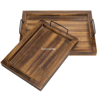 China China MyGift Set of 2 Rustic Burnt Country Wood Finish Nesting Rectangular Serving Trays w/Metal Handles Iron Pallet for sale