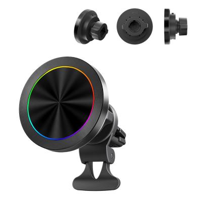 China Magsafe Car Mount Aluminium Alloy Texture Wireless Charger With RGB Light Display And One Hand Operation For Automotive for sale
